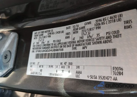 2017 Ford Escape Se z USA, uszkodzony, nr VIN 1FMCU0GD2HUB98705